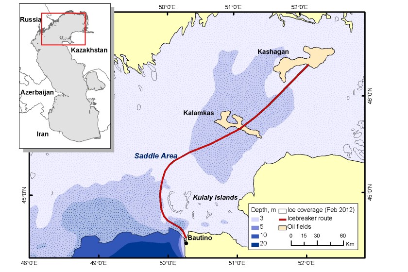 Icebreaker transit route in the north Caspian Sea between Bautino and the Kashagan oilfield.